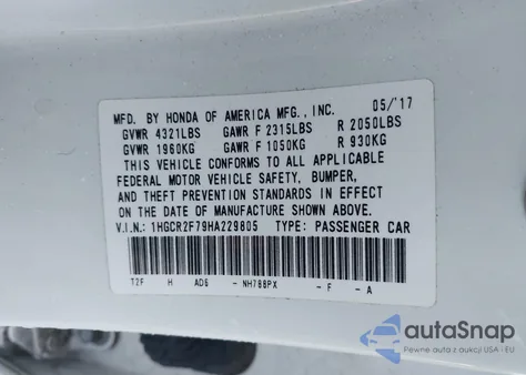 2017 Honda Accord Ex from USA, damaged, VIN 1HGCR2F79HA229805